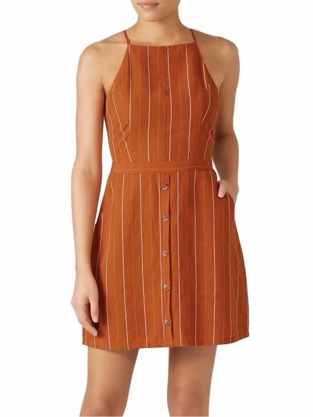 Anthropologie (Greylin) Burnt Orange / Rusty -Striped Halter Mini Dress